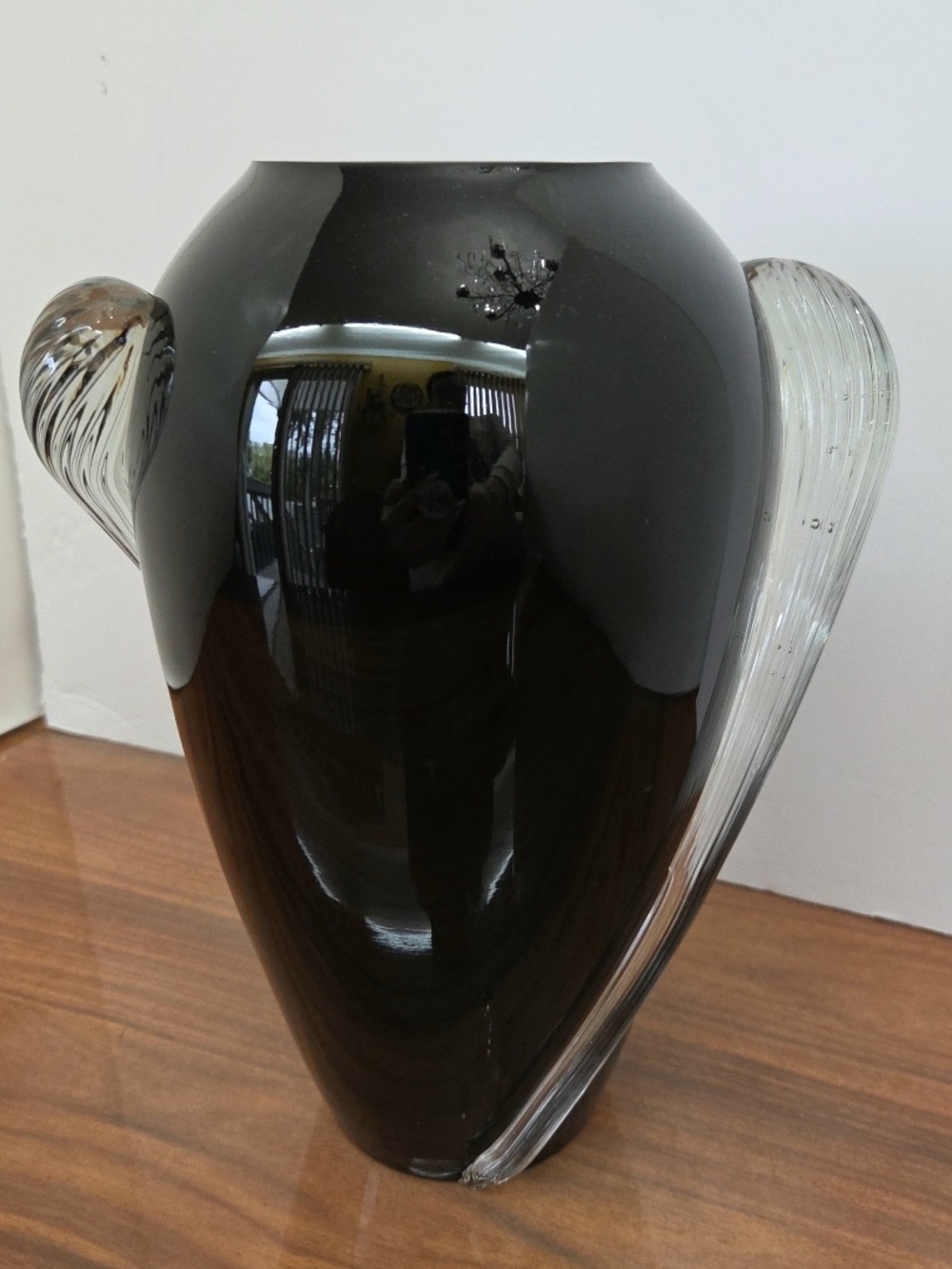 Two's Company Black Glass Vase with Clear Ribbed Handles